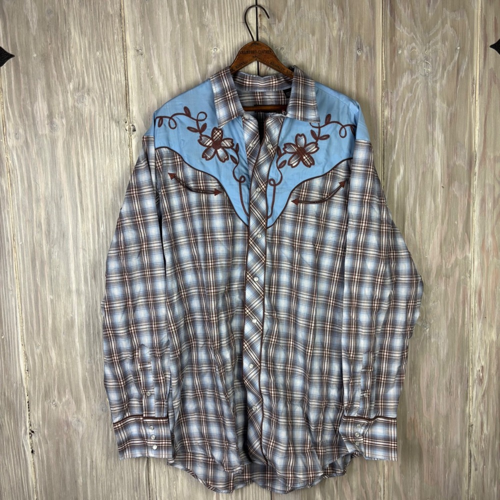 Roper Mens Plaid Long‎ Sleeve Western Shirt Light Blue Embroidered XL Floral NWT